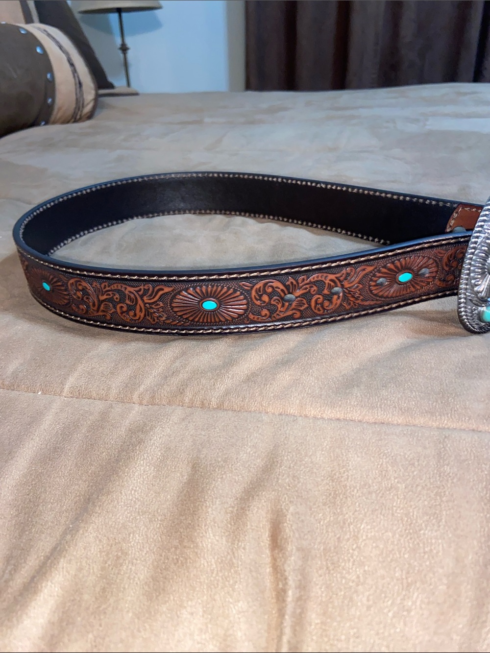 Nocona Tooled Brown Leather Belt with Turquoise Concho Buckle - Picture 3 of 3